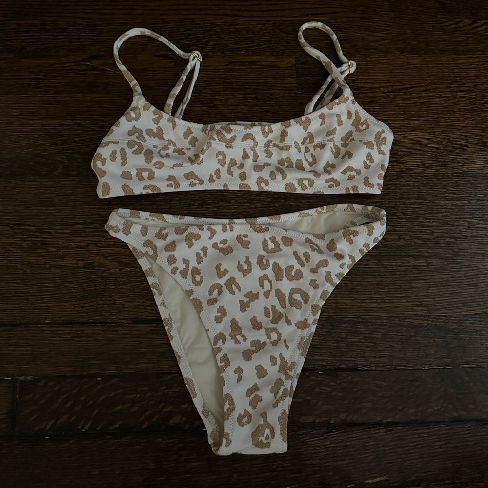 SOLID & STRIPED Cream and Brown Bikini Set